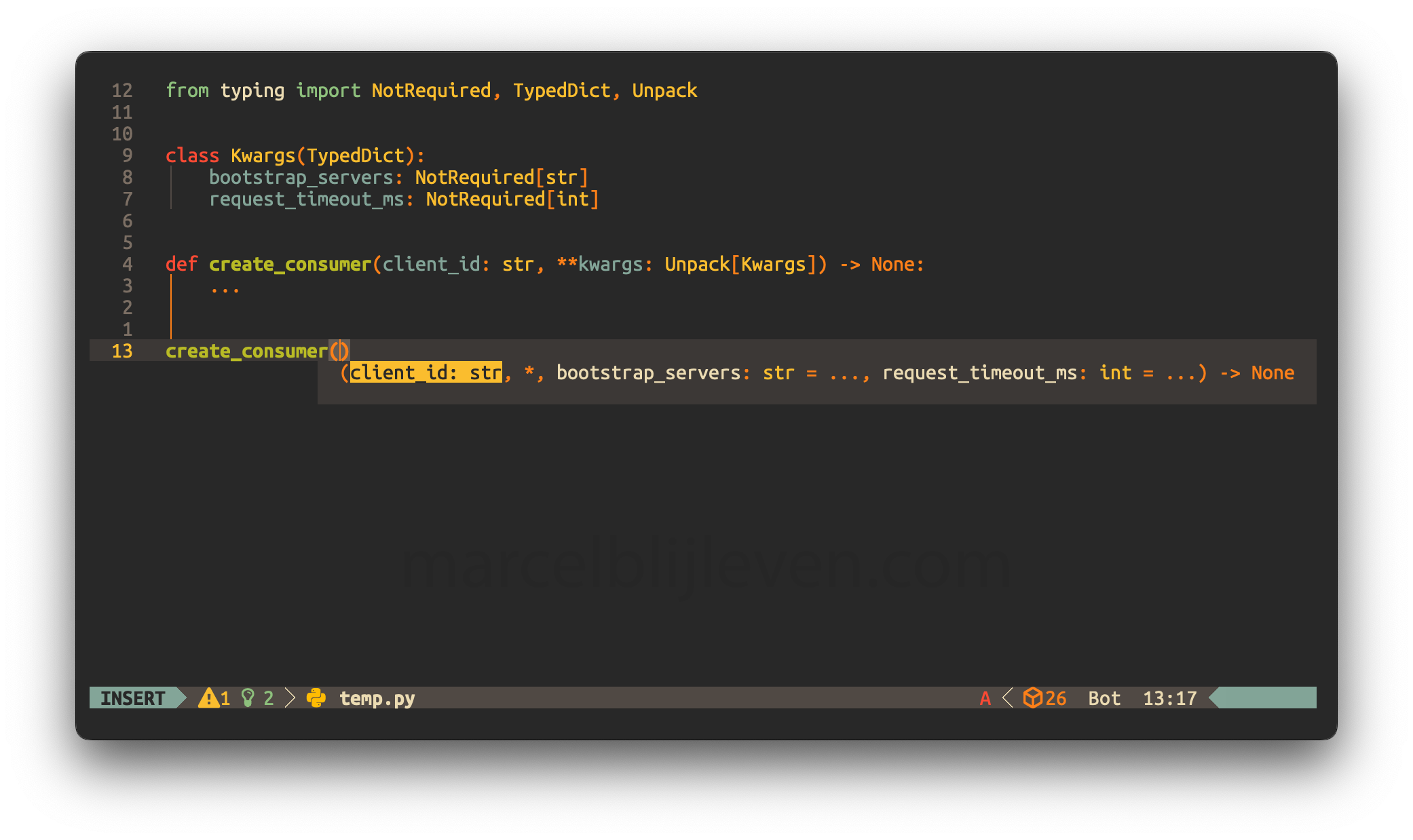 A screenshot of a code editor that displays the behaviour of unpacking a TypedDict